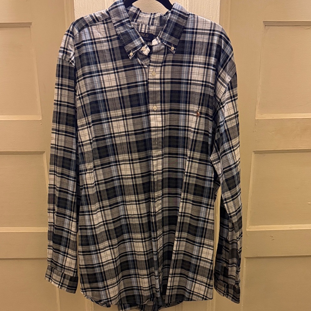 Polo Ralph Lauren Navy and White Plaid Shirt - Like New